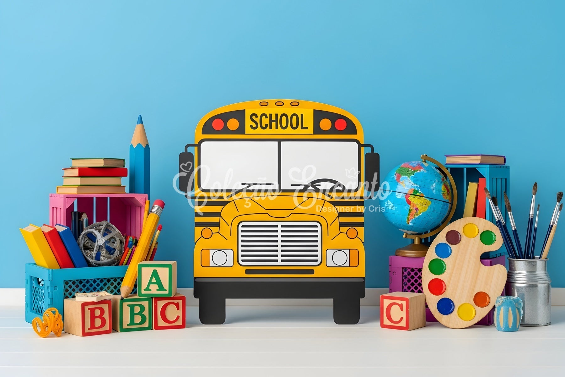 School Bus Backdrop Playful School Supplies Back To School Backdrop UK By Magali