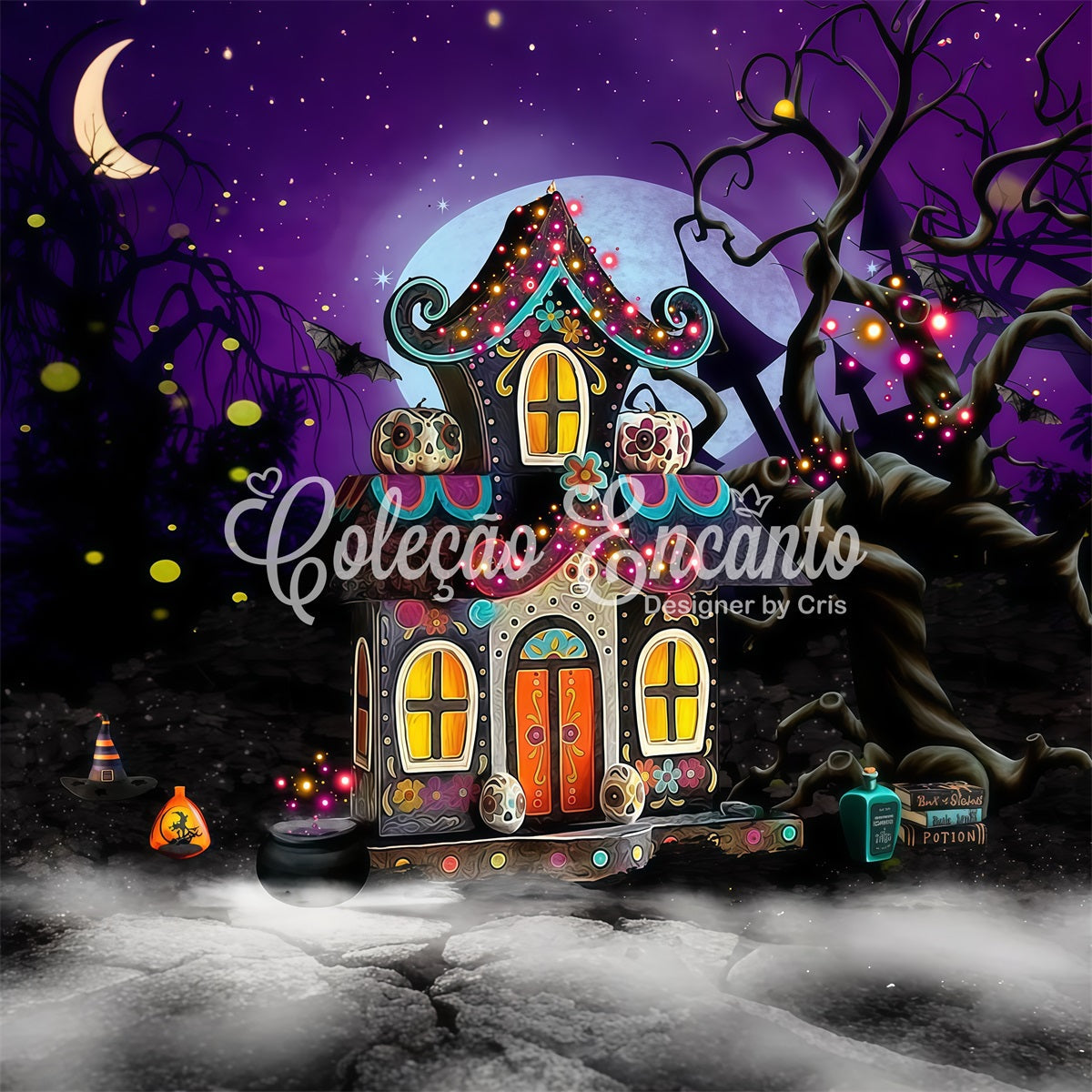 Children Backdrops Whimsical Haunted Candy Cottage Glow Kids Halloween Backdrop UK By Magali