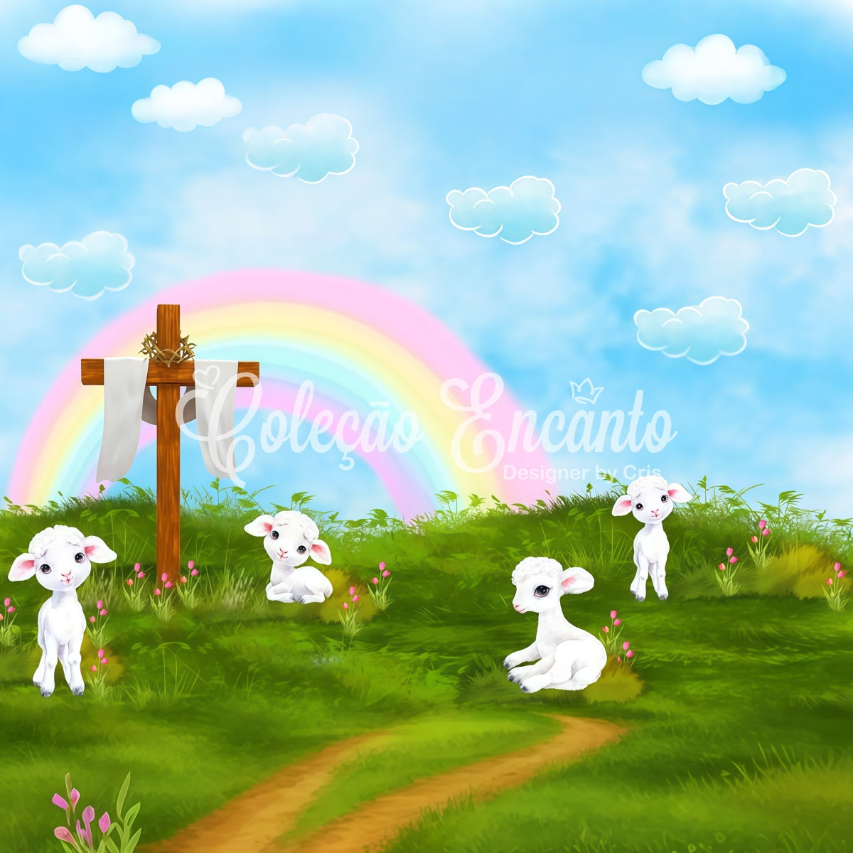 Kids Photography Backdrops Rainbow Cross Lamb Meadow Blessings Rainbow Backdrop UK By Magali