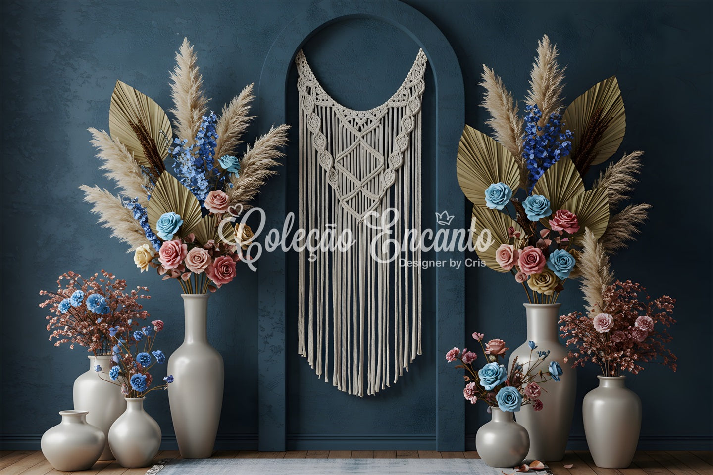 Mother's Day Photo Backdrops Blue Macrame Floral Photo Booth Mothers Day Backdrop UK By Magali