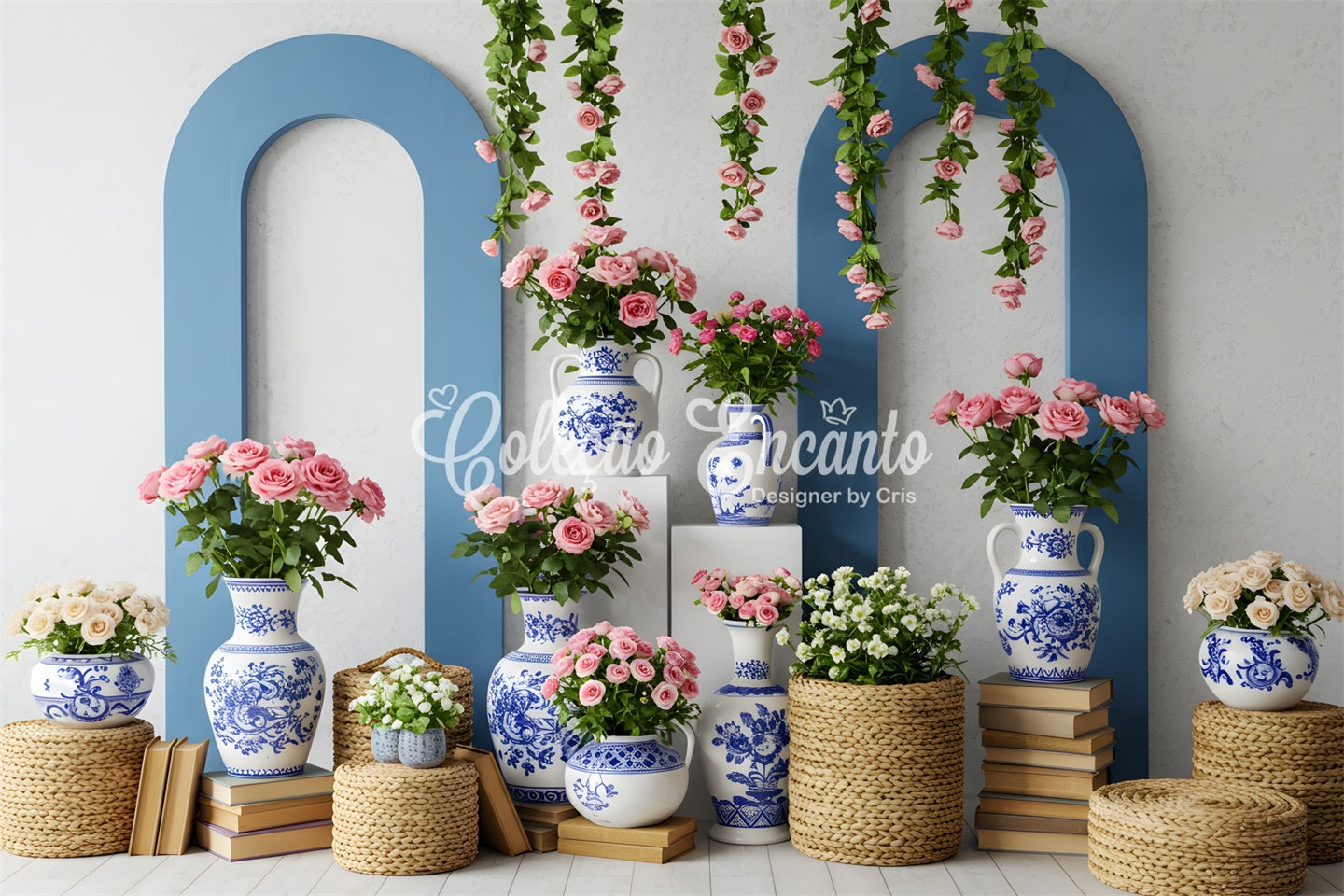 Mother's Day Photoshoot Backdrop Blue White Vase Floral Mother's Day Photo Backdrop UK By Magali