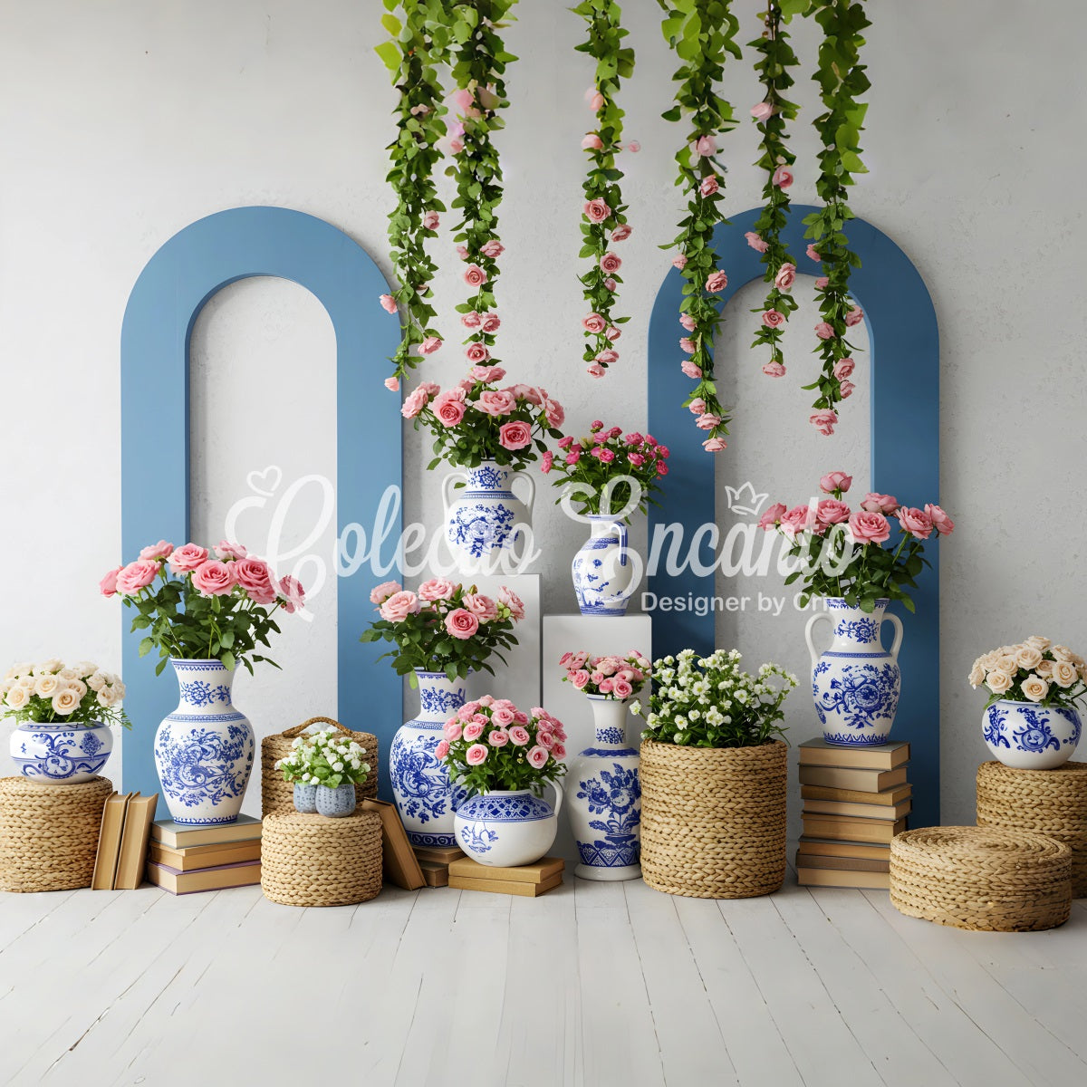 Mother's Day Photoshoot Backdrop Blue White Vase Floral Mother's Day Photo Backdrop UK By Magali