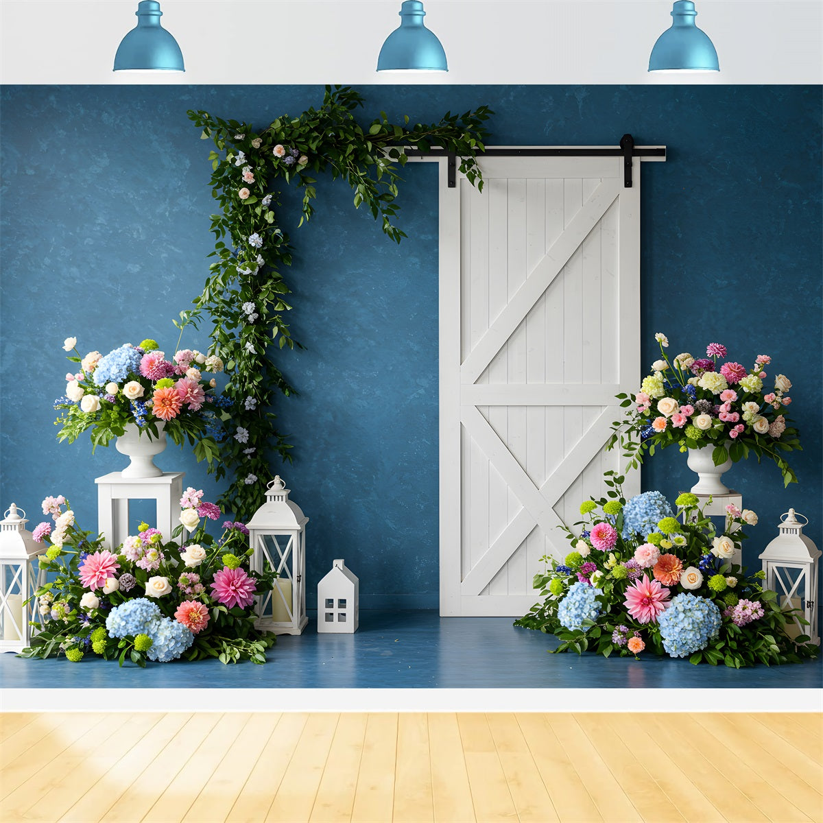 Mother's Day Photo Booth Backdrop Blue Wall White Door Floral Backdrop For Mother's Day UK By Magali