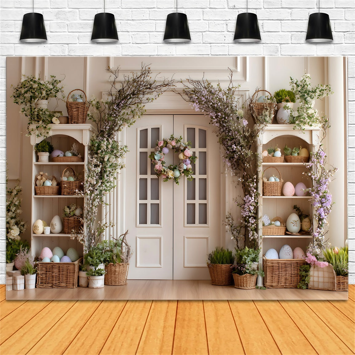 Easter Wreath Doorway Backdrop Egg Flower White Door Easter Photo Backdrops UK By Magali
