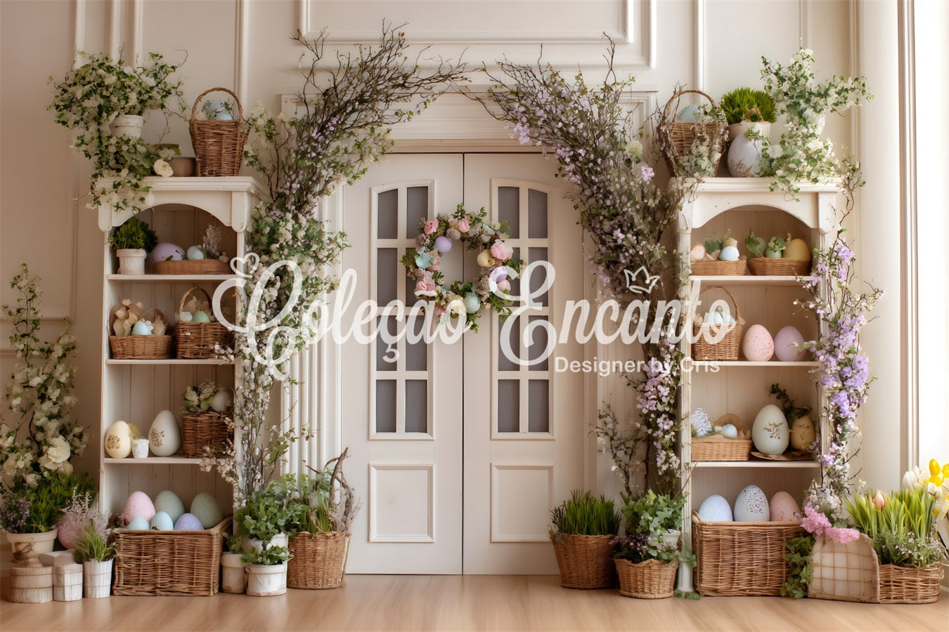 Easter Wreath Doorway Backdrop Egg Flower White Door Easter Photo Backdrops UK By Magali