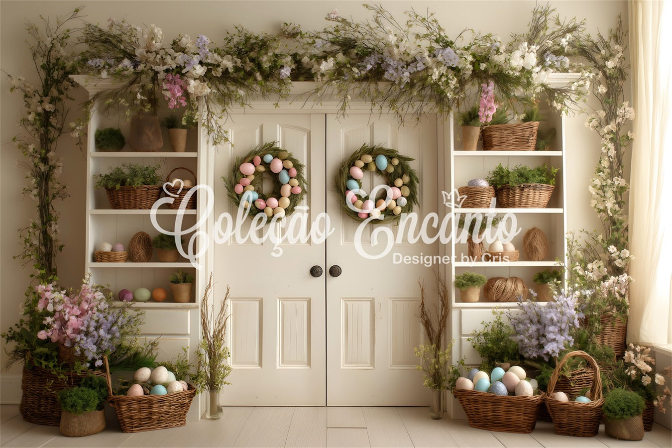 Easter Wreath Doorway Backdrop Double Door Floral Shelves Easter Backdrop Photography UK By Magali