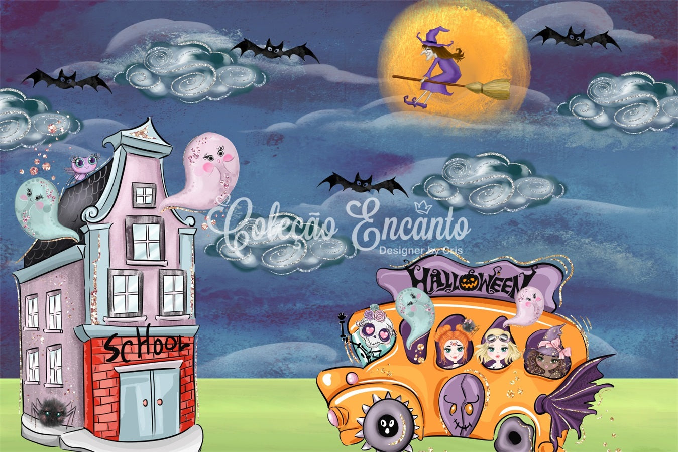 Children Backdrop Ghost Witch School Bus Night Halloween Backdrops For Kids UK By Magali