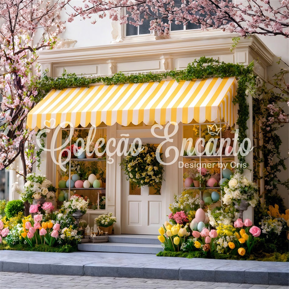 Easter Cottage Garden Backdrop Cherry Bloom Yellow Awning Easter Backdrops UK By Magali