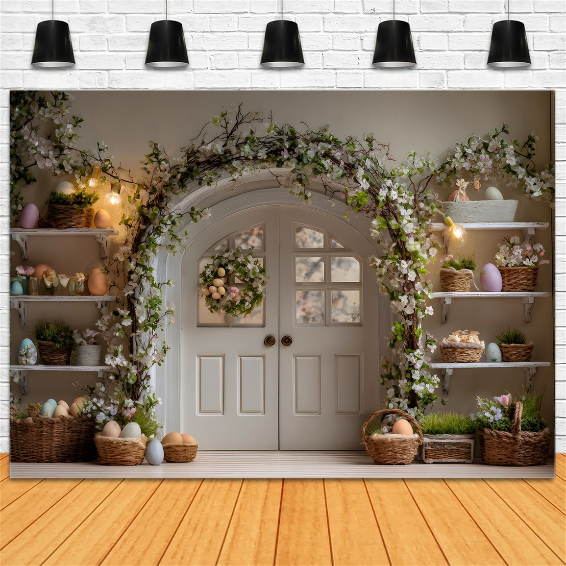 Easter Wreath Doorway Backdrop Egg Floral Shelves Happy Easter Backdrop UK By Magali