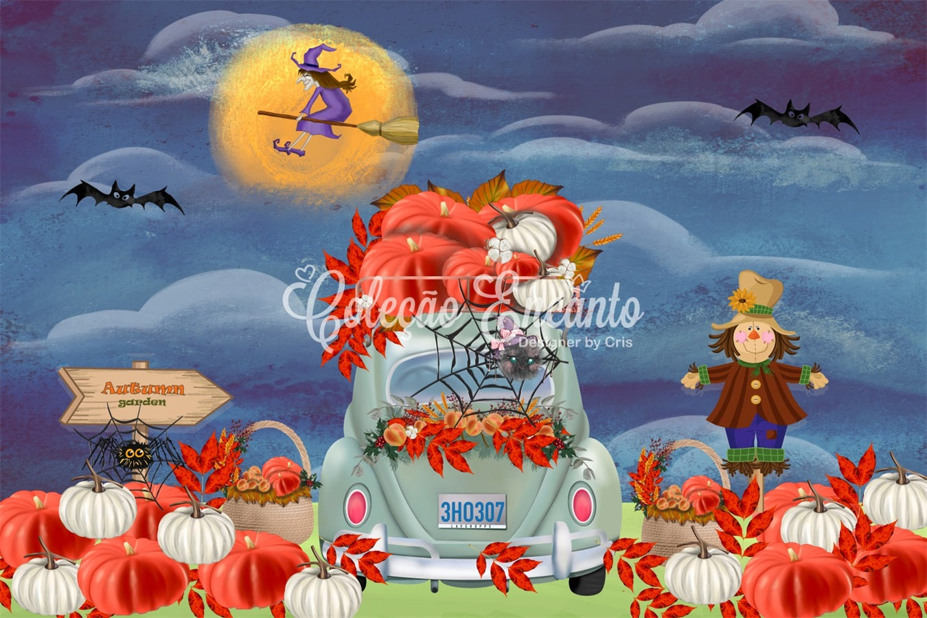 Childrens Backdrops Autumn Pumpkin Car Harvest Moon Halloween Backdrop Kids UK By Magali