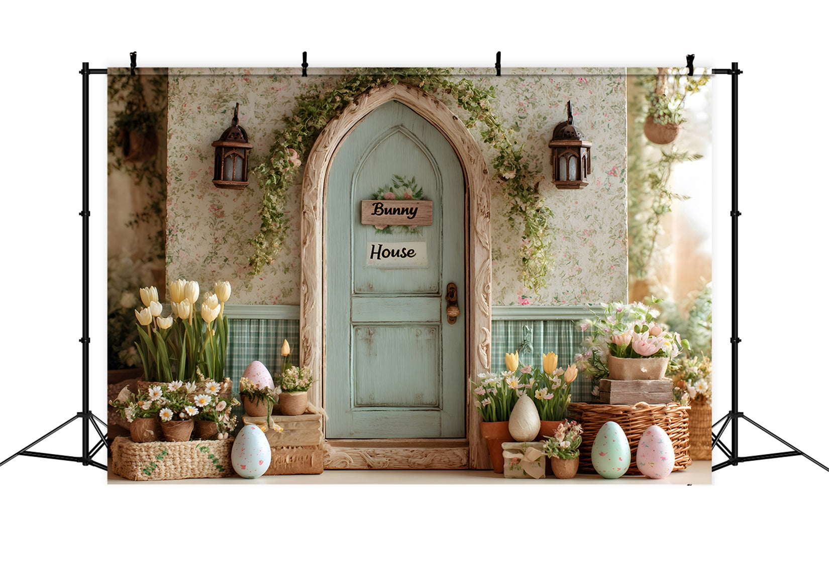 Easter Tulip Backdrop Bunny House Flower Eggs Backdrop For Easter UK By Magali