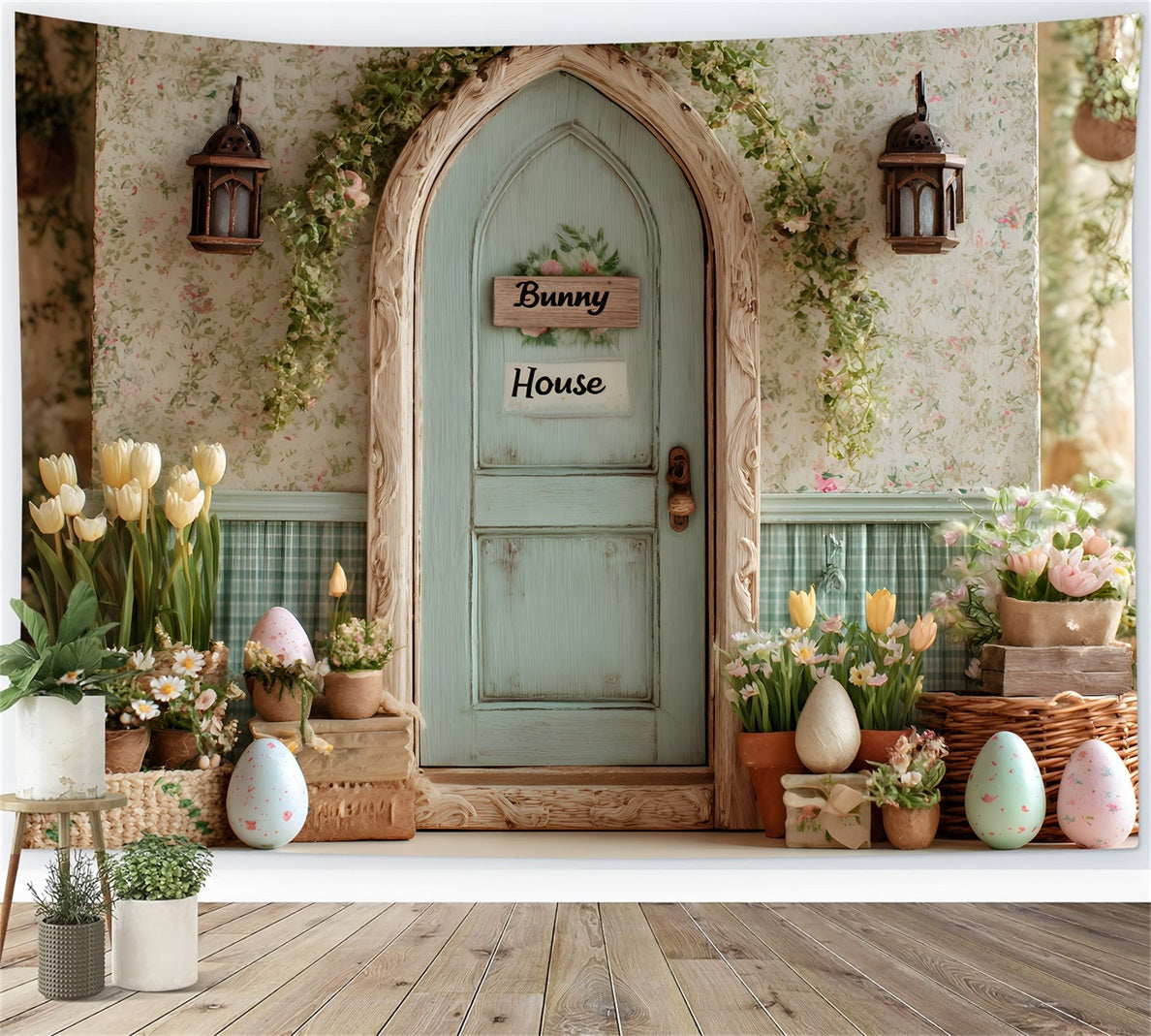 Easter Tulip Backdrop Bunny House Flower Eggs Backdrop For Easter UK By Magali