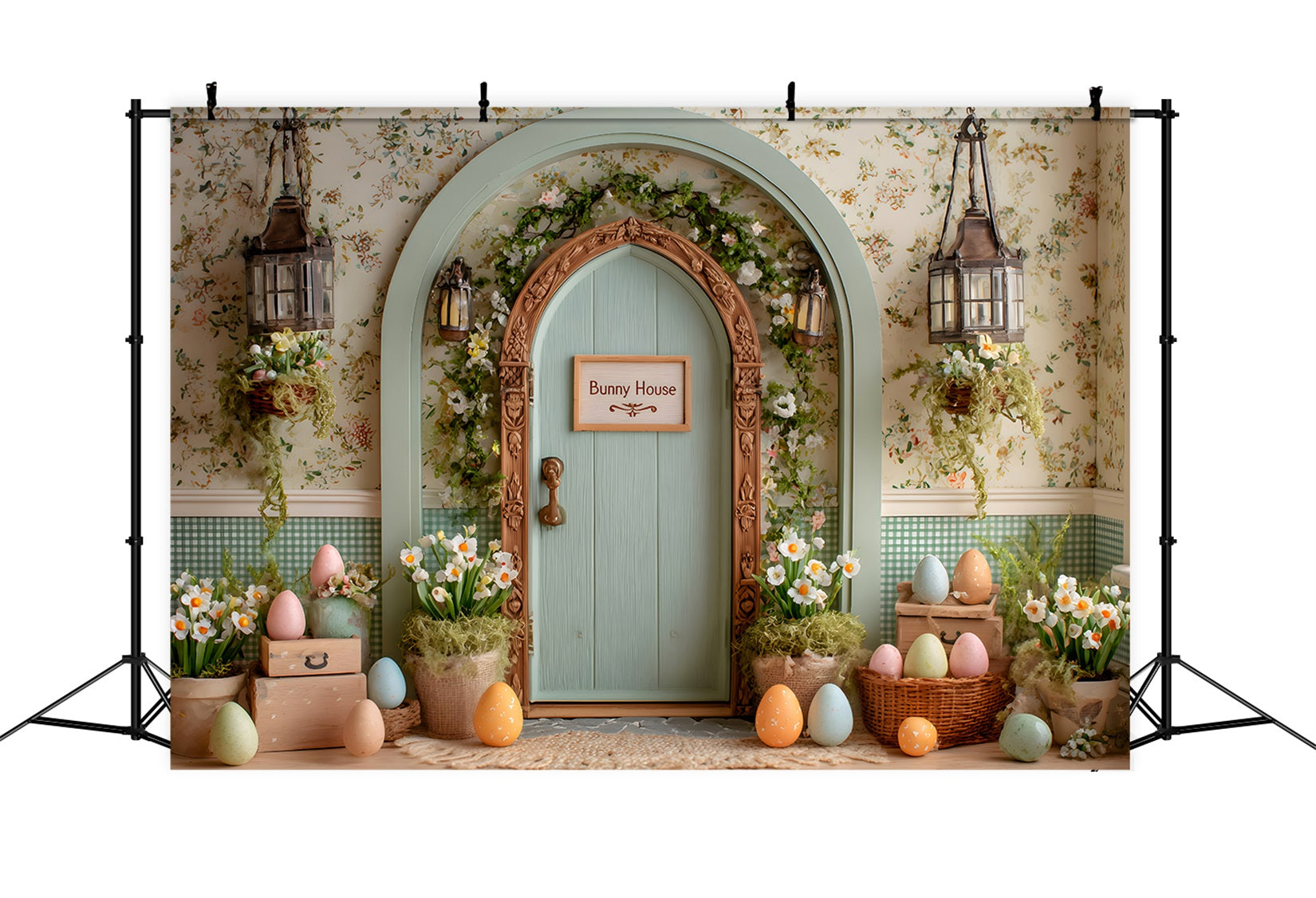 Easter Daisy Backdrop Arch Door Floral Eggs Backdrops For Easter UK By Magali