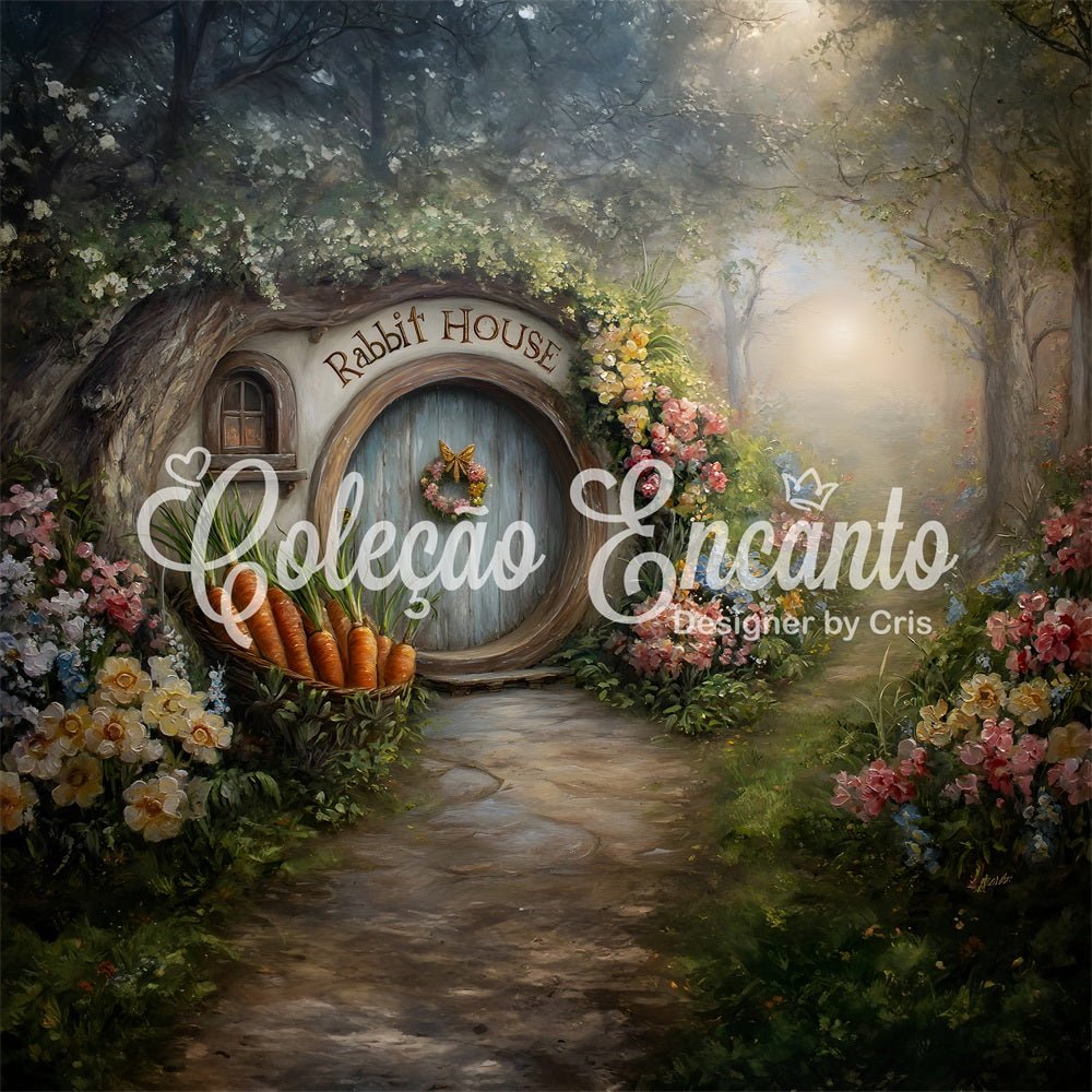 Easter Bunny Burrow Backdrop Hobbit Door Carrot Blooms Easter Photography Backdrop UK By Magali
