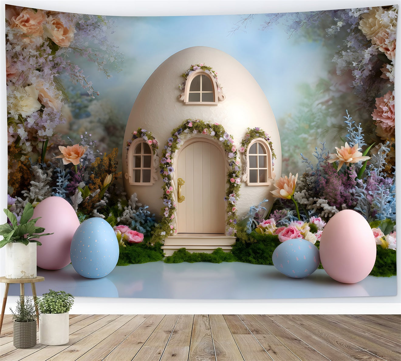 Egg Backdrop Egg House Pastel Blooms Easter Photography Backdrops For Sale UK By Magali