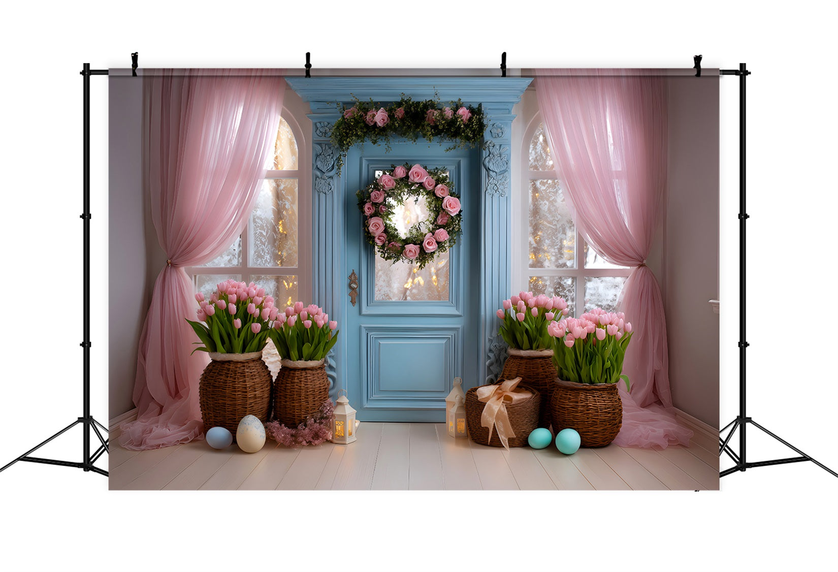 Easter Tulip Backdrop Blue Door Pink Curtain Easter Backdrop For Photography UK By Magali
