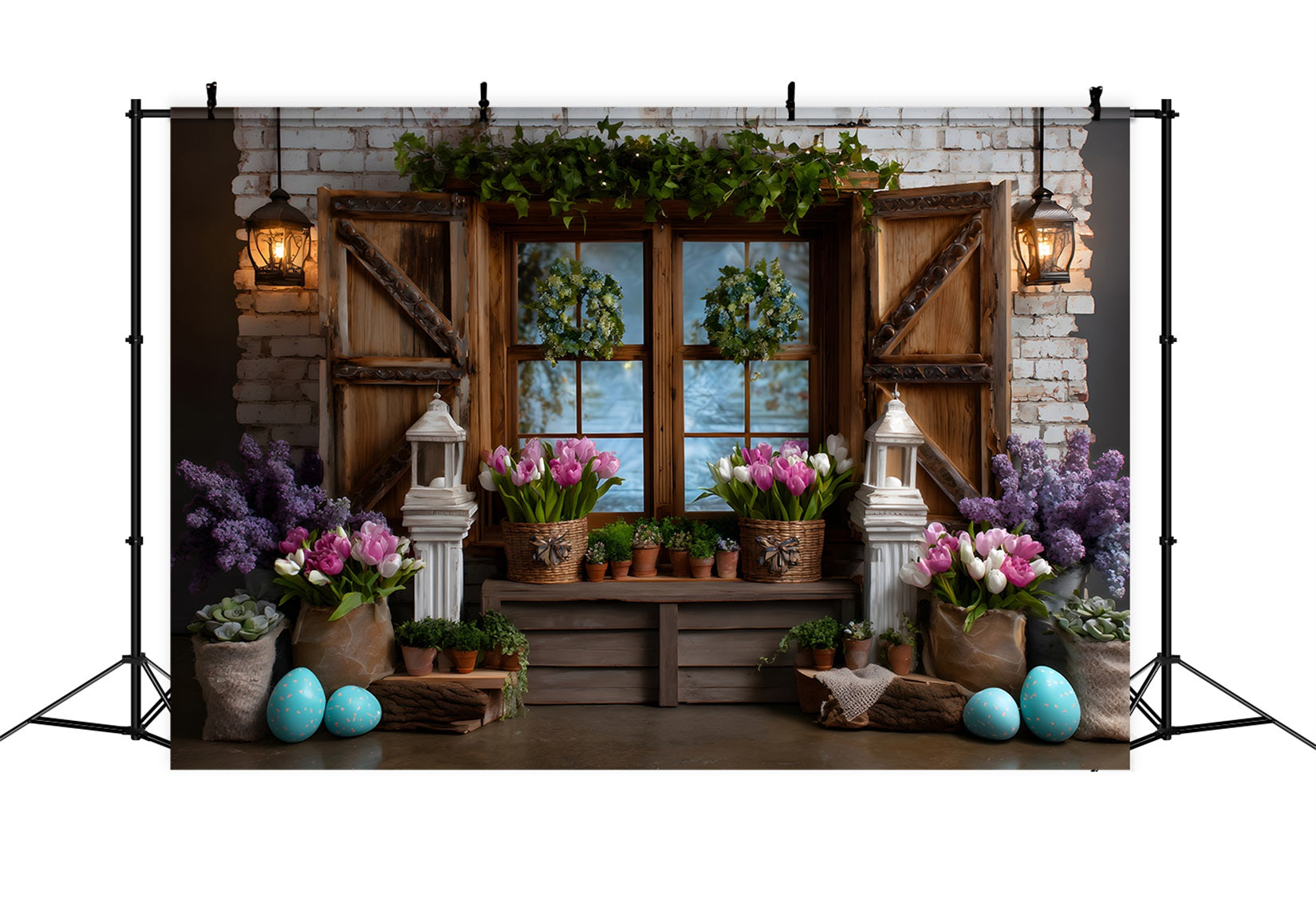 Easter Cottage Garden Backdrop Window Wreath Tulip Eggs Easter Backdrops Photography UK By Magali