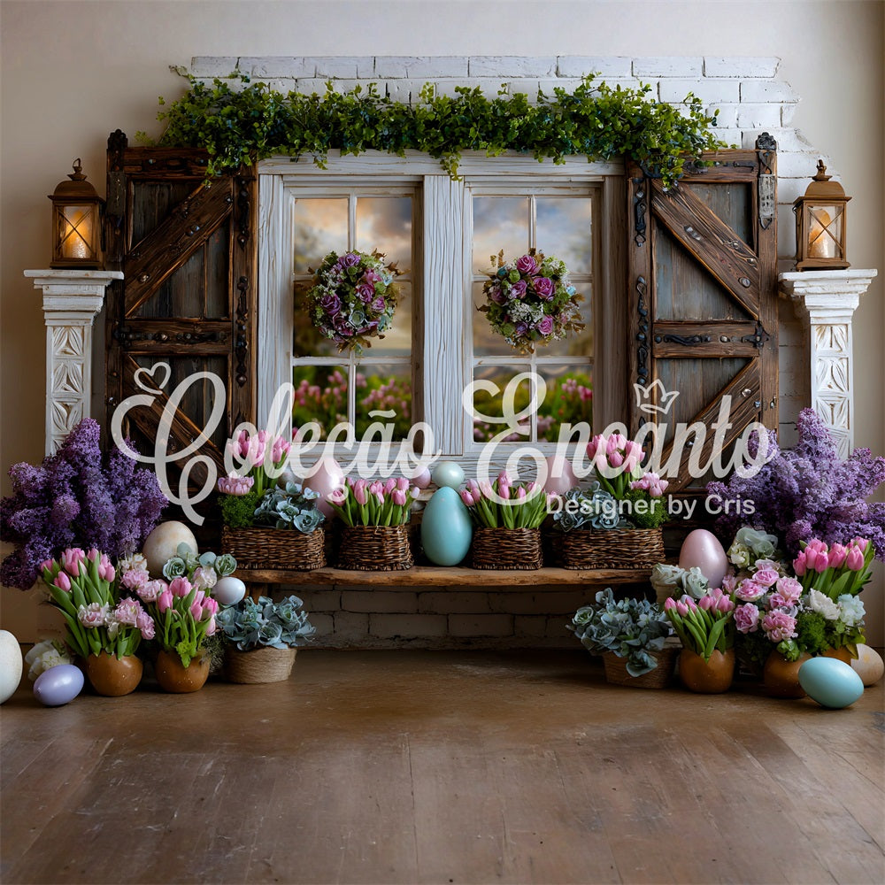 Easter Cottage Garden Backdrop Lavender Tulip Eggs Window Happy Easter Photo Backdrop UK By Magali