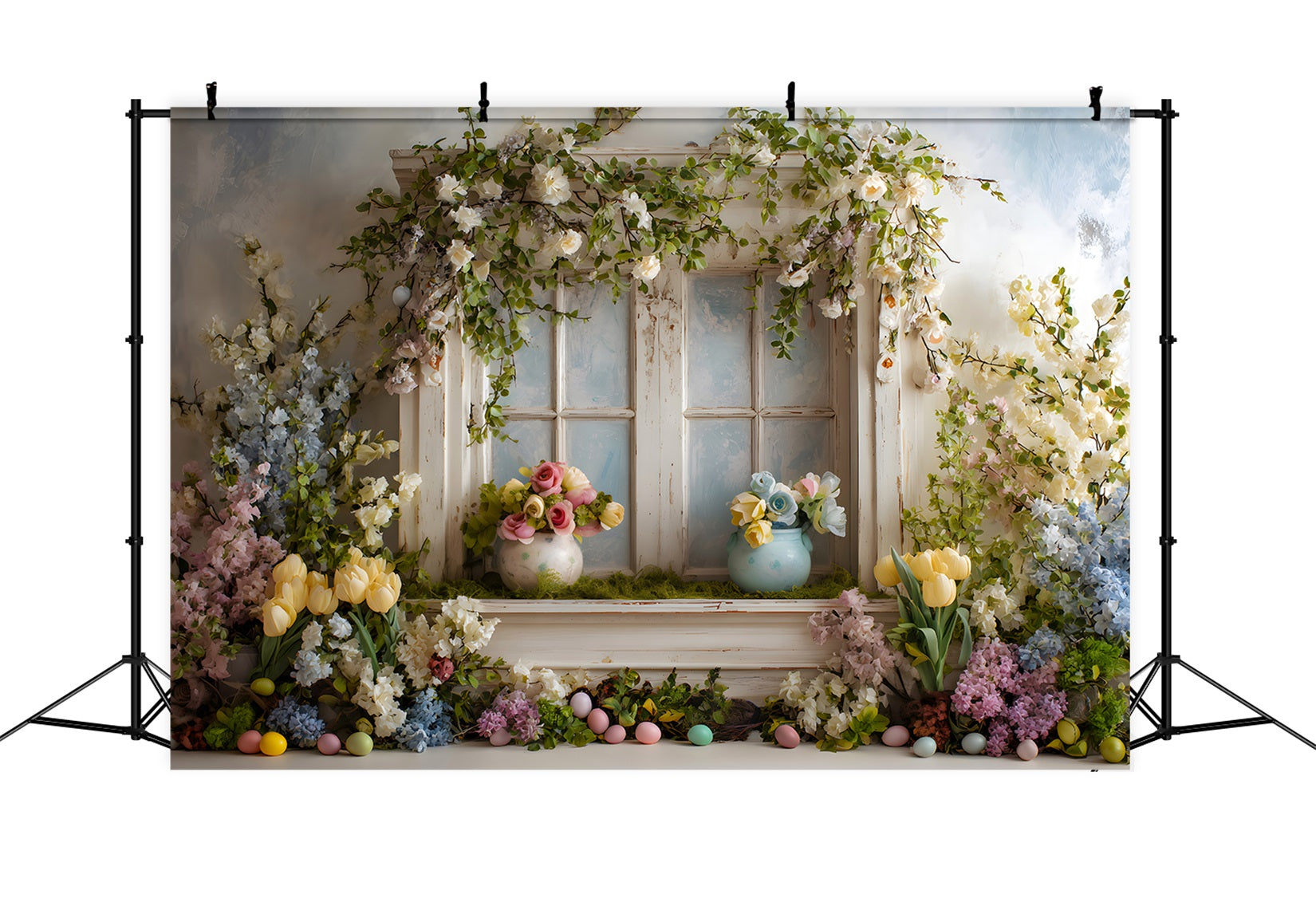Easter Cottage Garden Backdrop Window Floral Pastel Eggs Photo Backdrops Easter UK By Magali