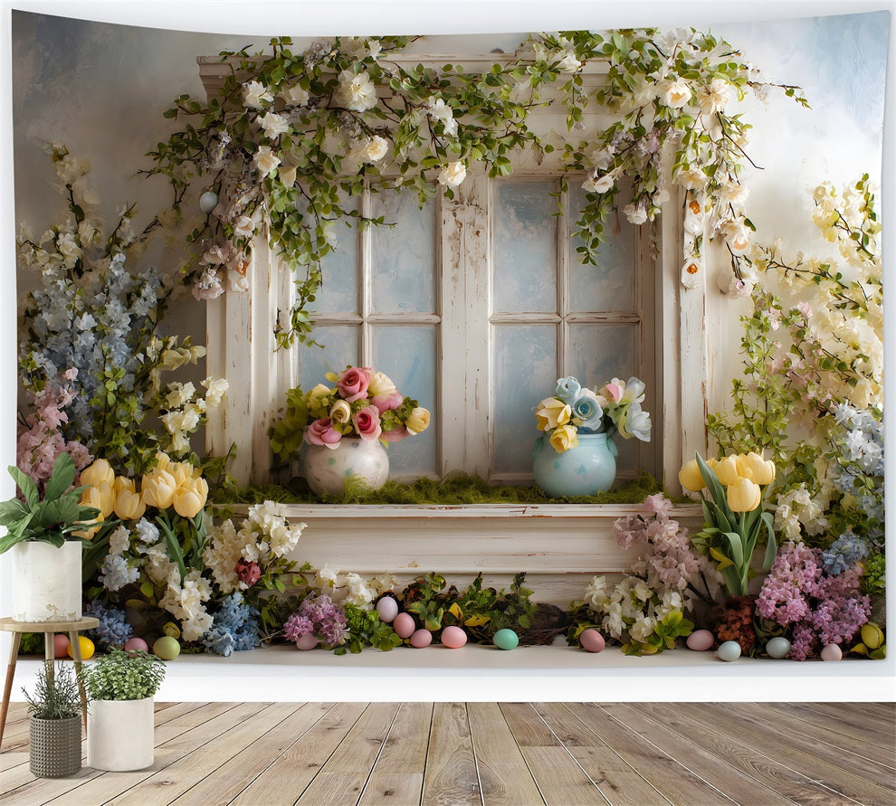 Easter Cottage Garden Backdrop Window Floral Pastel Eggs Photo Backdrops Easter UK By Magali
