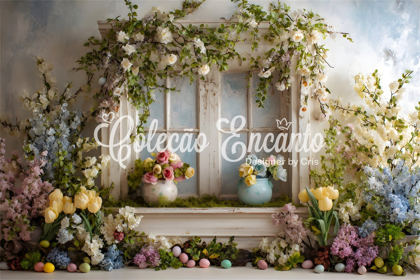 Easter Cottage Garden Backdrop Window Floral Pastel Eggs Photo Backdrops Easter UK By Magali