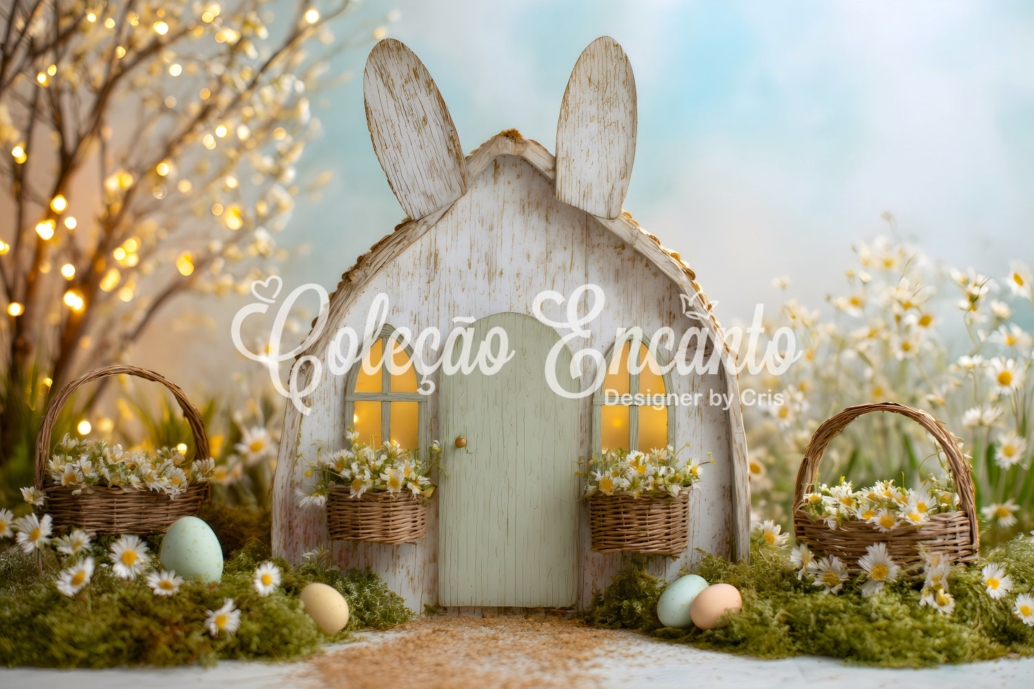 Easter Fairytale Backdrop Bunny House Daisy Eggs Easter Theme Backdrop UK By Magali