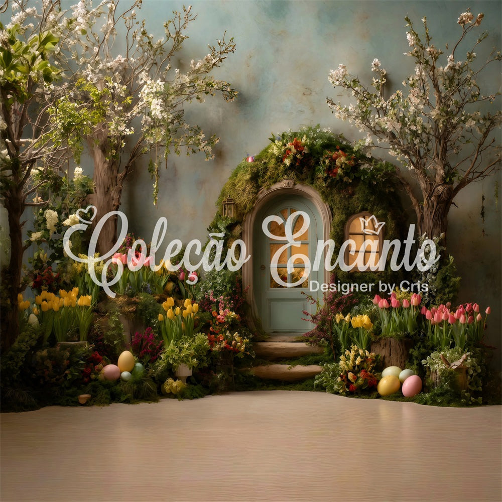 Easter Rustic Backdrop Mossy Arch Tulip Eggs Outdoor Easter Backdrops UK By Magali