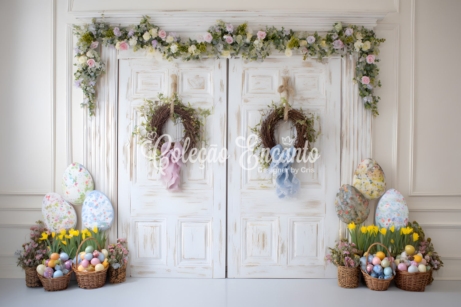 Happy Easter Backdrop Shabby Chic Door Egg Baskets Easter Photo Backdrop UK By Magali