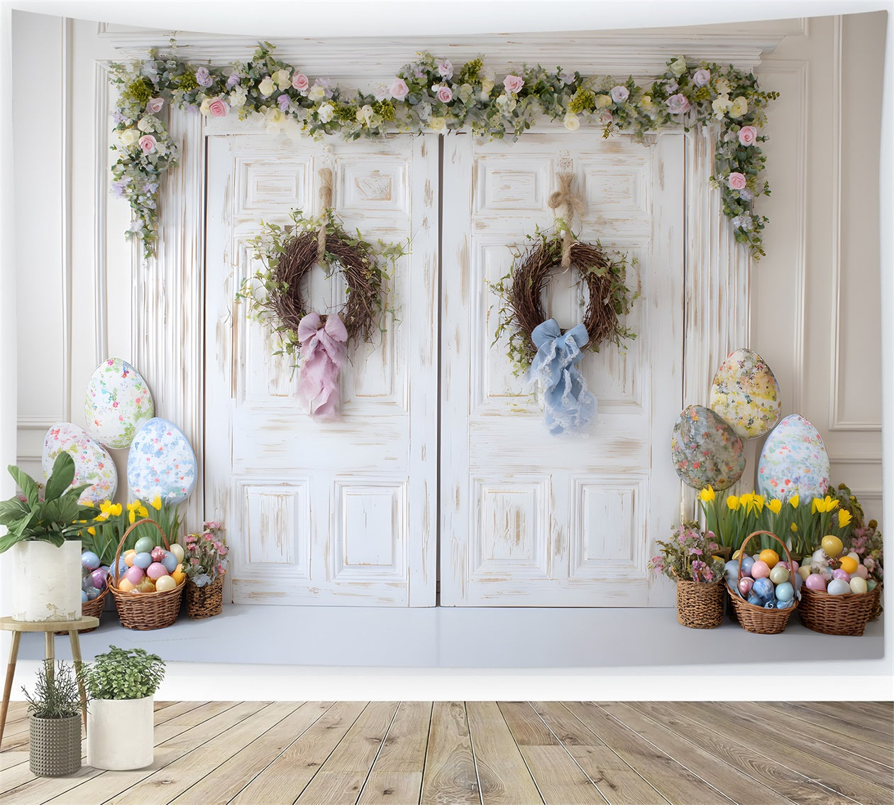 Happy Easter Backdrop Shabby Chic Door Egg Baskets Easter Photo Backdrop UK By Magali