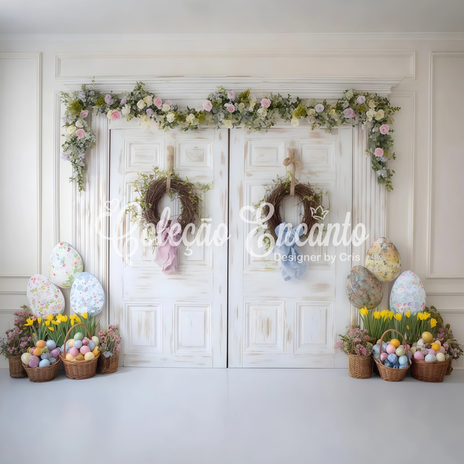 Happy Easter Backdrop Shabby Chic Door Egg Baskets Easter Photo Backdrop UK By Magali