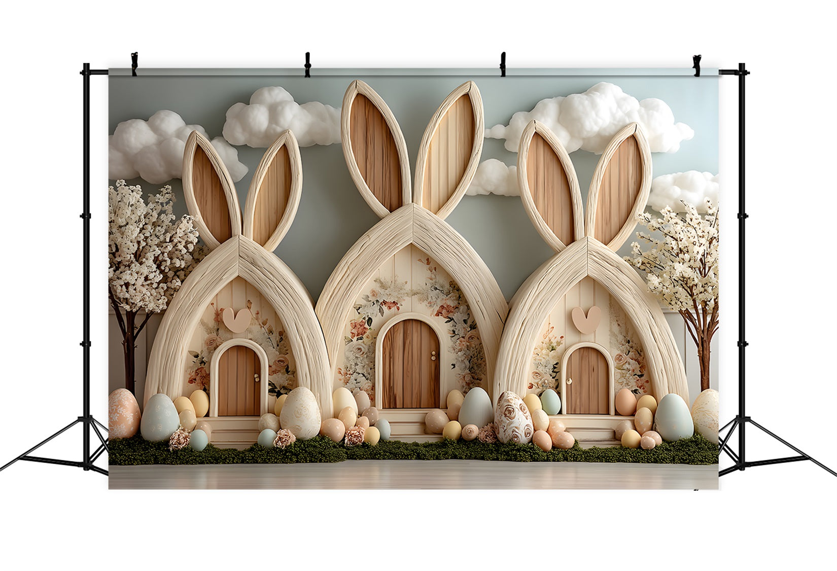 Egg Hunt Backdrop Pastel Bunny Cottage Village Display Easter Backdrop Photography UK By Magali
