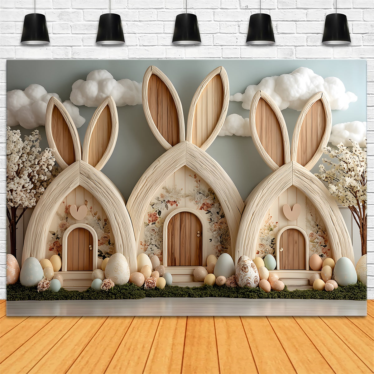 Egg Hunt Backdrop Pastel Bunny Cottage Village Display Easter Backdrop Photography UK By Magali