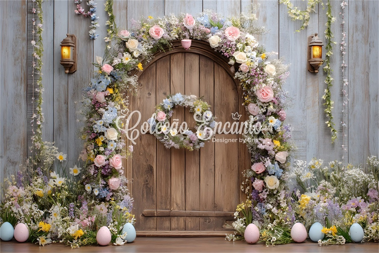 Easter Wreath Doorway Backdrop Rustic Floral Wooden Door Easter Backdrops For Photography UK By Magali