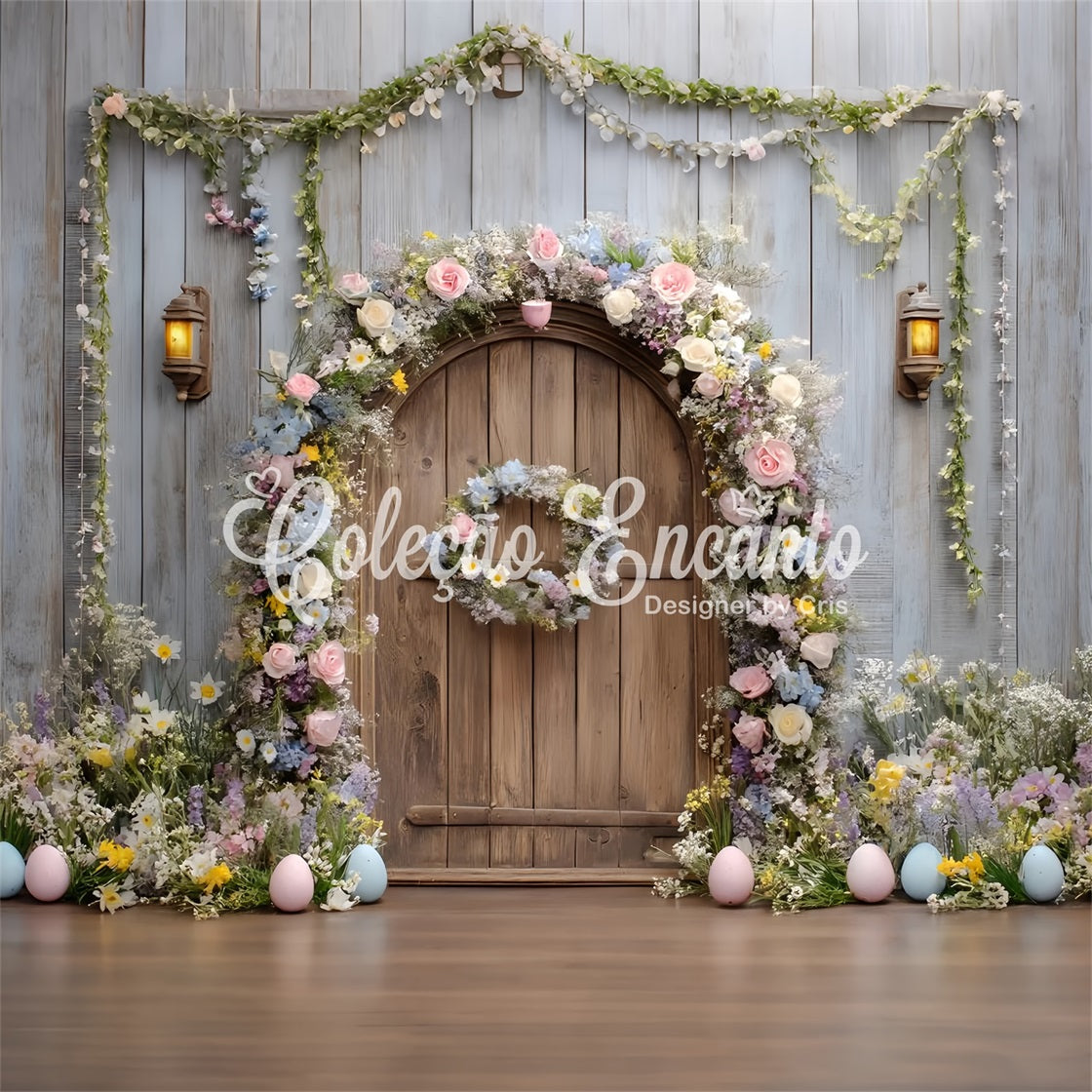 Easter Wreath Doorway Backdrop Rustic Floral Wooden Door Easter Backdrops For Photography UK By Magali