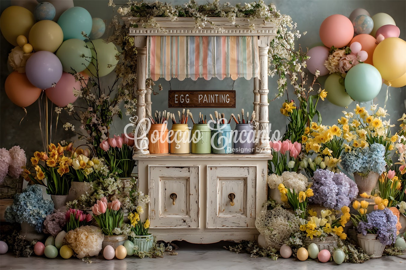 Easter Daffodil Backdrop Pastel Balloon Egg Painting Stand Easter Photo Backdrop Ideas UK By Magali