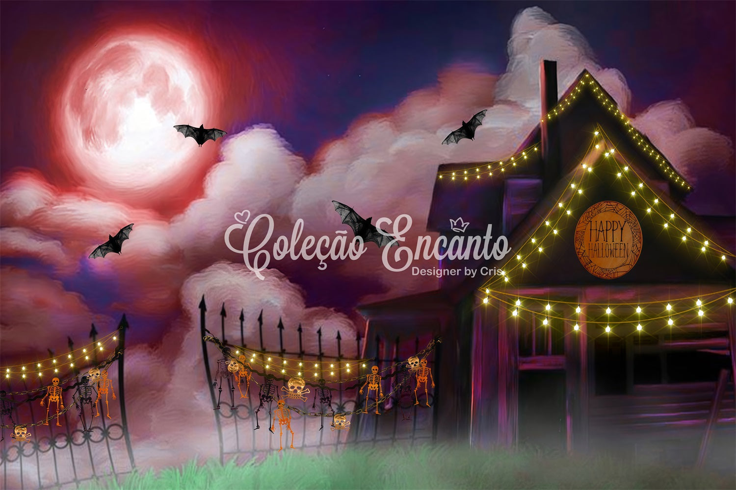 Children's Backdrop Moonlit Farmhouse String Lights Halloween Backdrop For Kids UK By Magali
