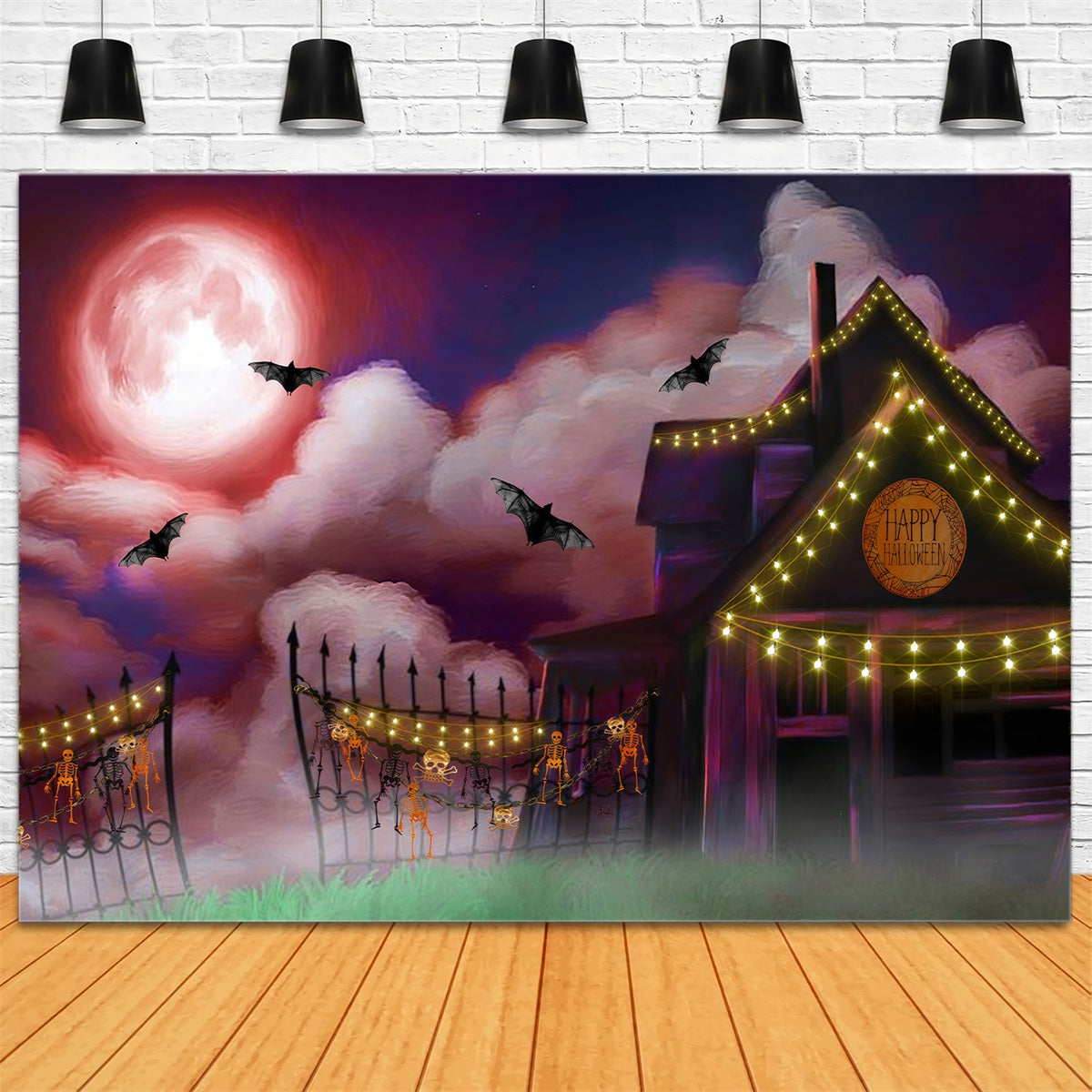 Children's Backdrop Moonlit Farmhouse String Lights Halloween Backdrop For Kids UK By Magali