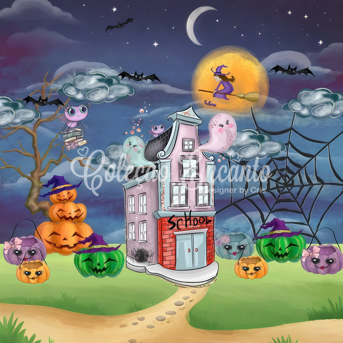Newborn Backdrop Spooky School Pumpkin Witch Night Halloween Backdrop Kids UK By Magali
