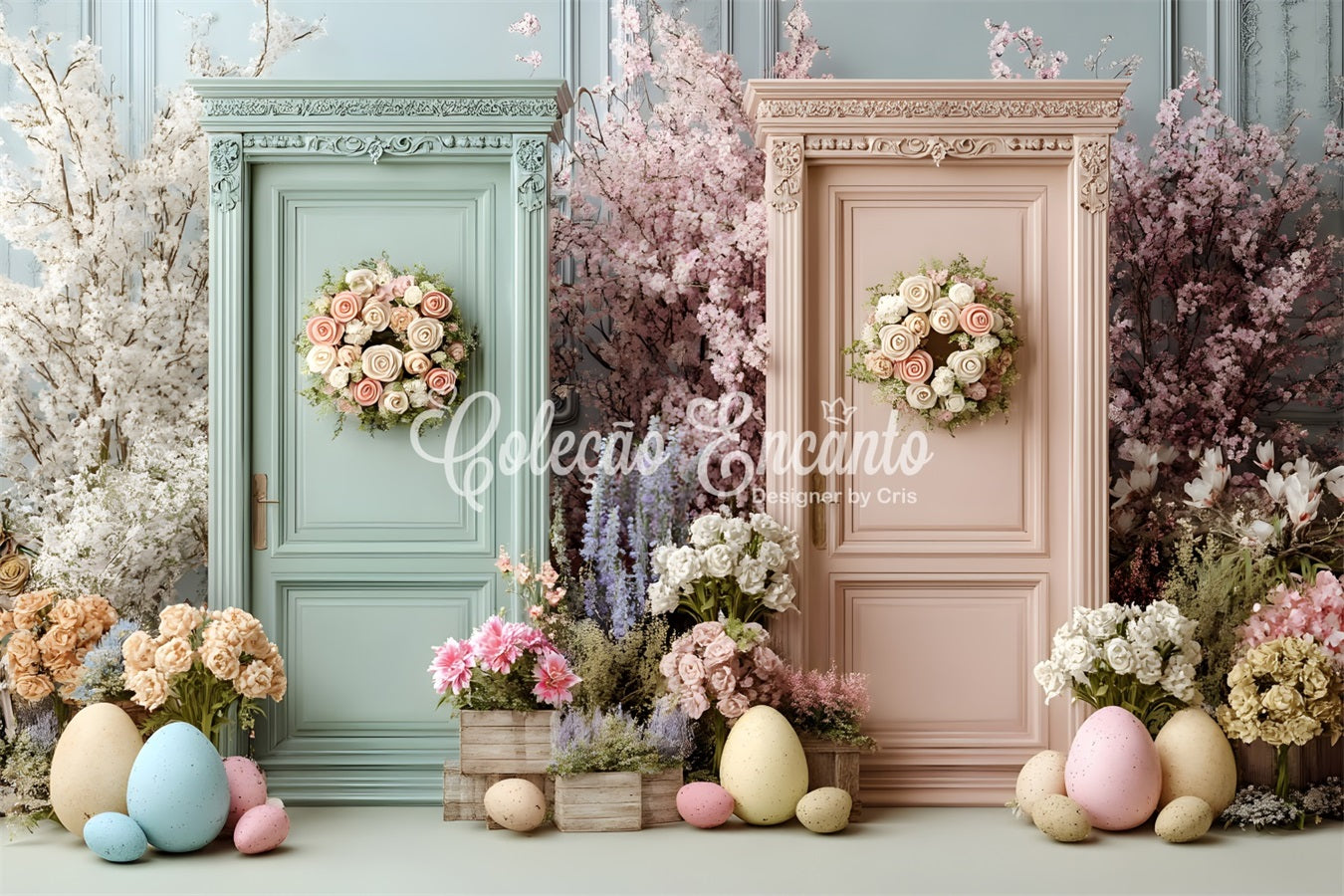 Easter Spring Floral Wreath Backdrop Dual Flower Doors Eggs Easter Backdrops For Photos UK By Magali