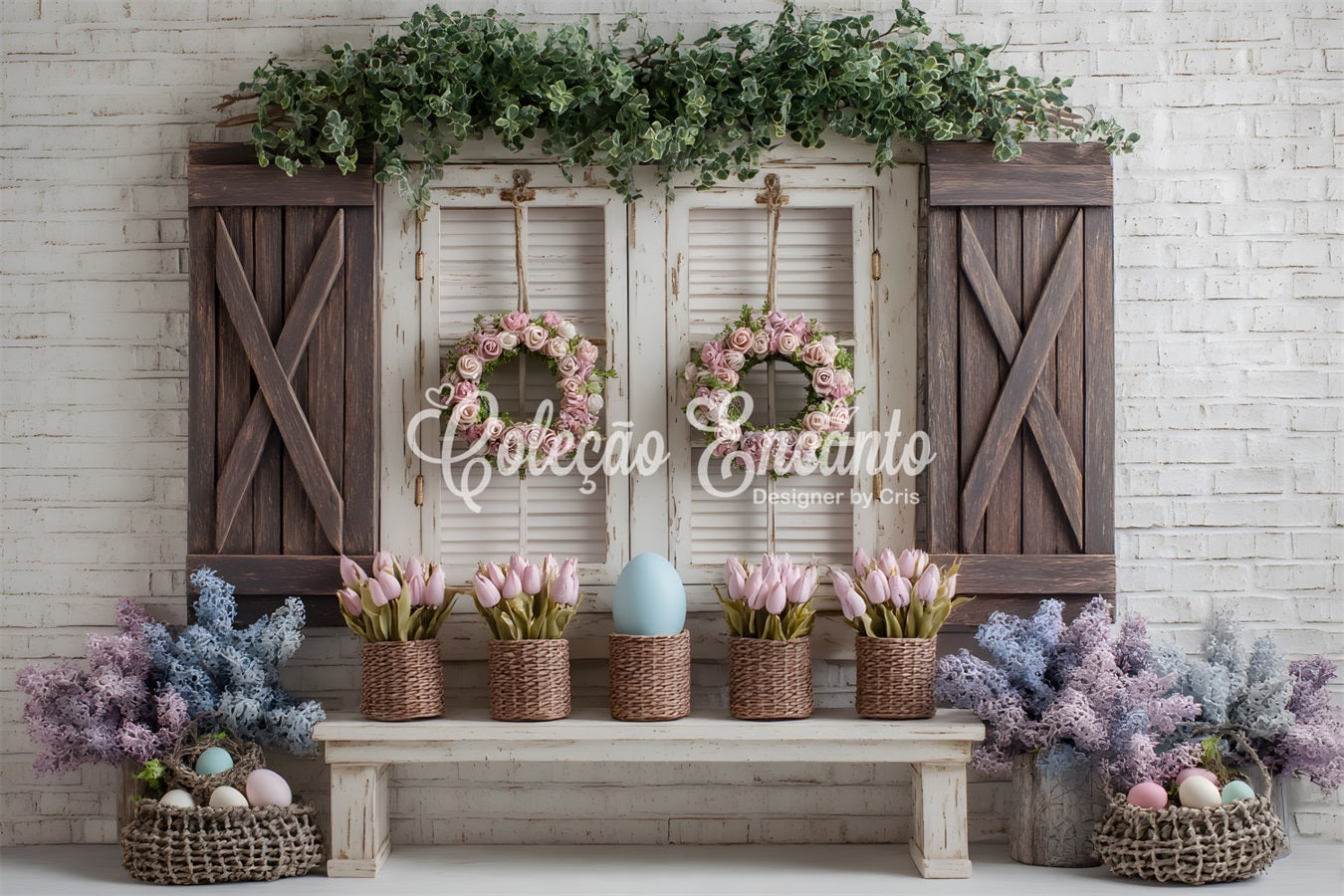 Easter Spring Floral Wreath Backdrop Pink Tulip Egg Window Photography Backdrops Easter UK By Magali
