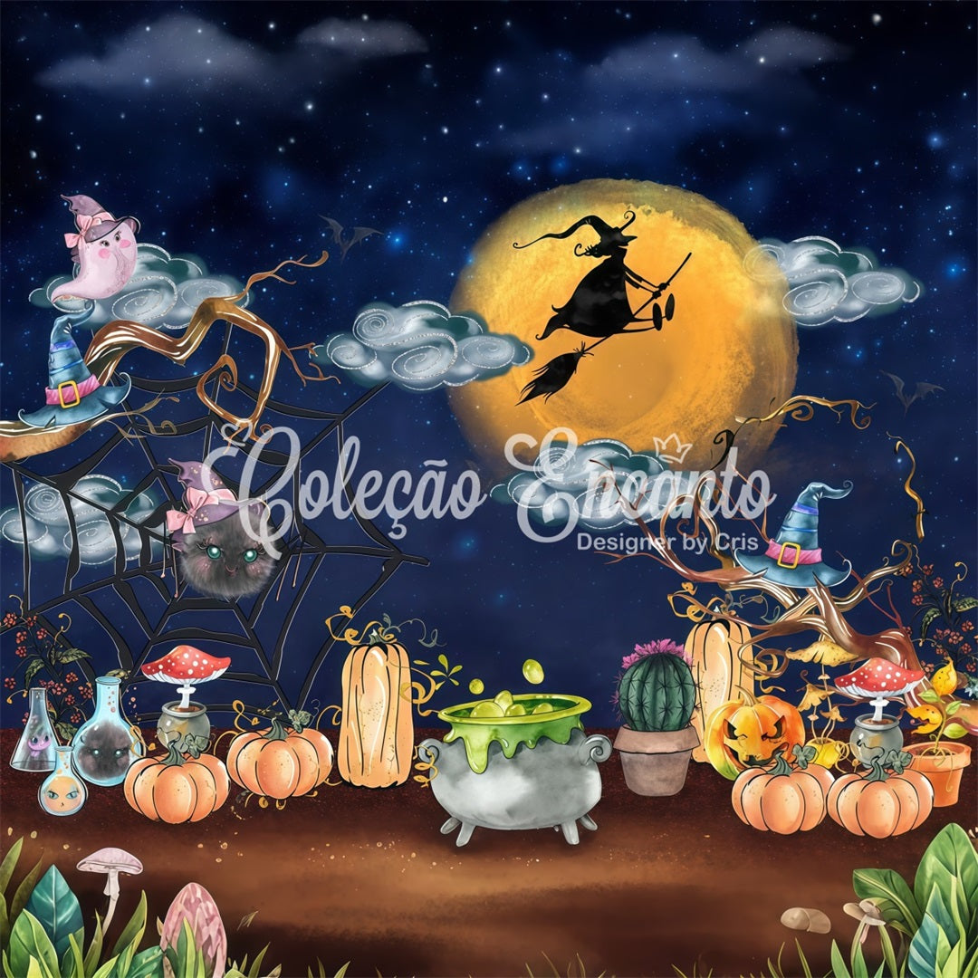 Backdrop For Children Midnight Witch Cauldron Pumpkin Halloween Backdrop Kids UK By Magali
