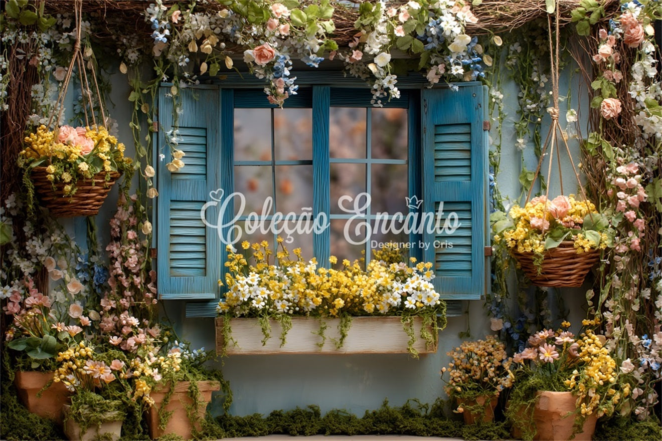 Easter Cottage Garden Backdrop Blue Floral Window Blooms Easter Theme Backdrop UK By Magali