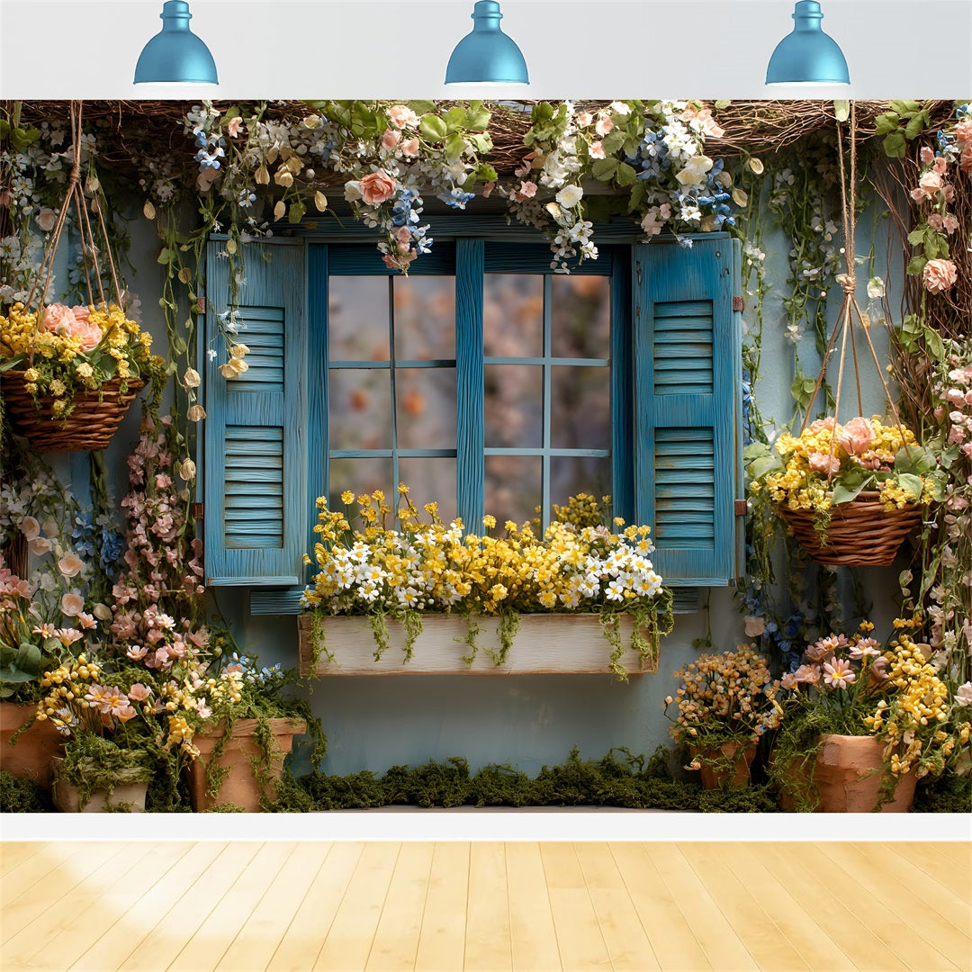 Easter Cottage Garden Backdrop Blue Floral Window Blooms Easter Theme Backdrop UK By Magali