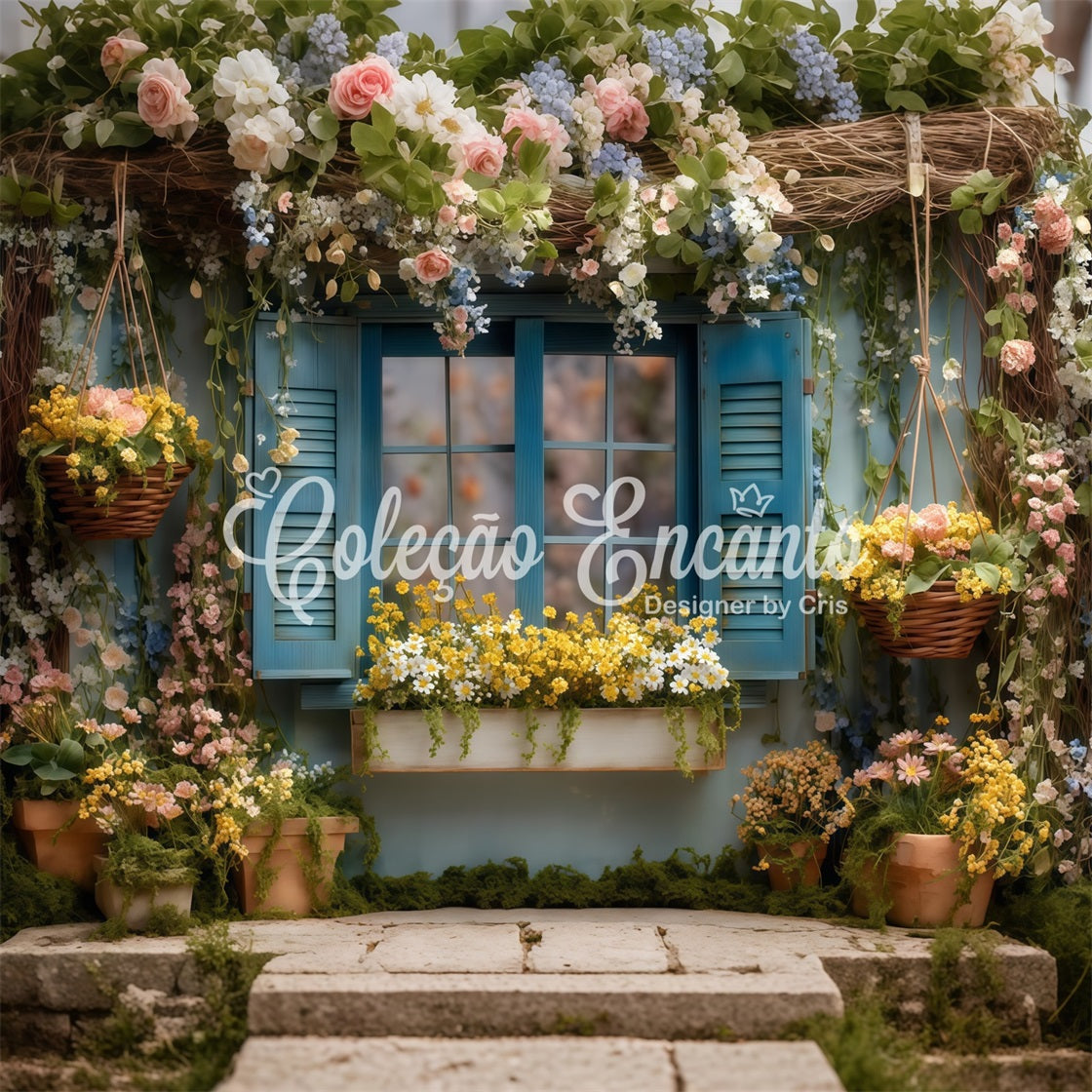 Easter Cottage Garden Backdrop Blue Floral Window Blooms Easter Theme Backdrop UK By Magali