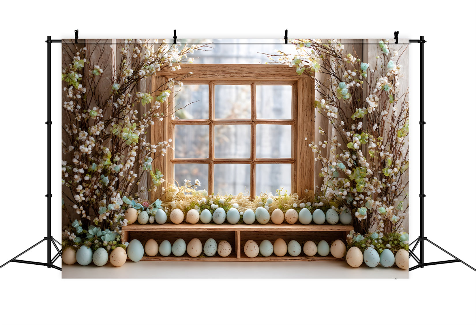 Easter Egg Backdrop Flower Blooms Wooden Window Photo Shoot Easter Backdrop UK By Magali