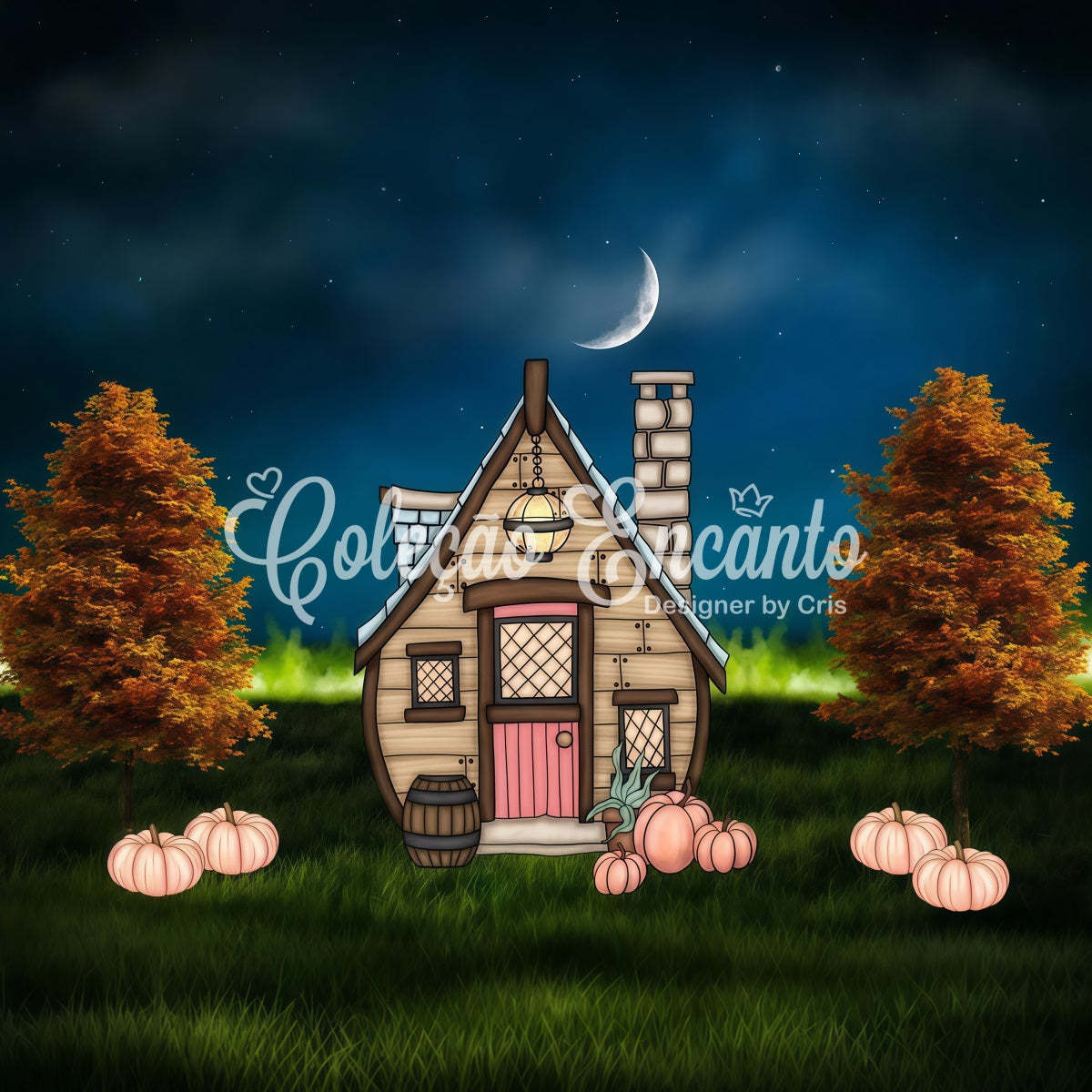 Newborn Backdrops Moonlit Cottage Pumpkin Lawn Halloween Backdrops For Kids UK By Magali