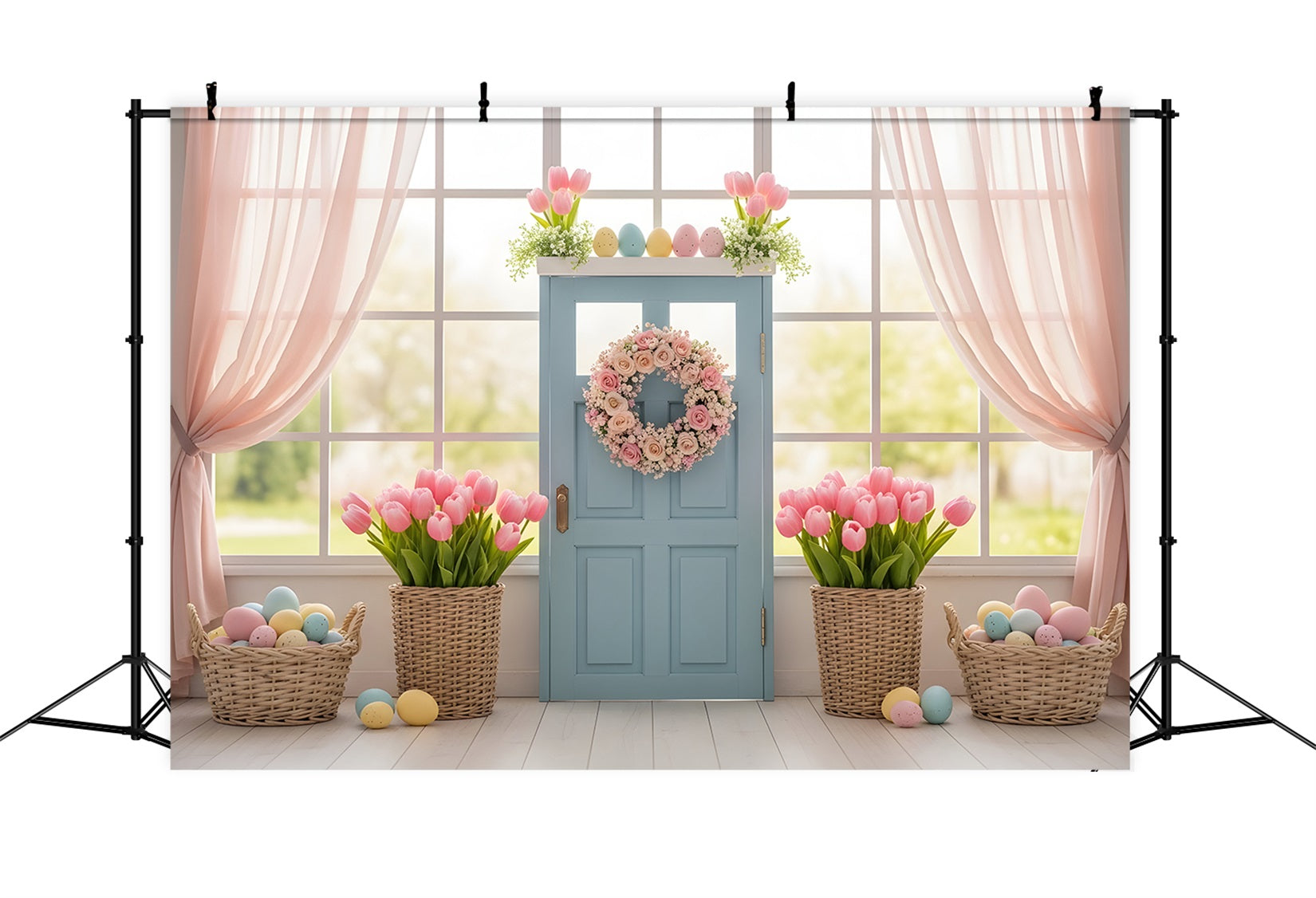 Easter Window Spring Light Backdrop Blue Door Tulip Egg Baskets Easter Backdrop Photos UK By Magali