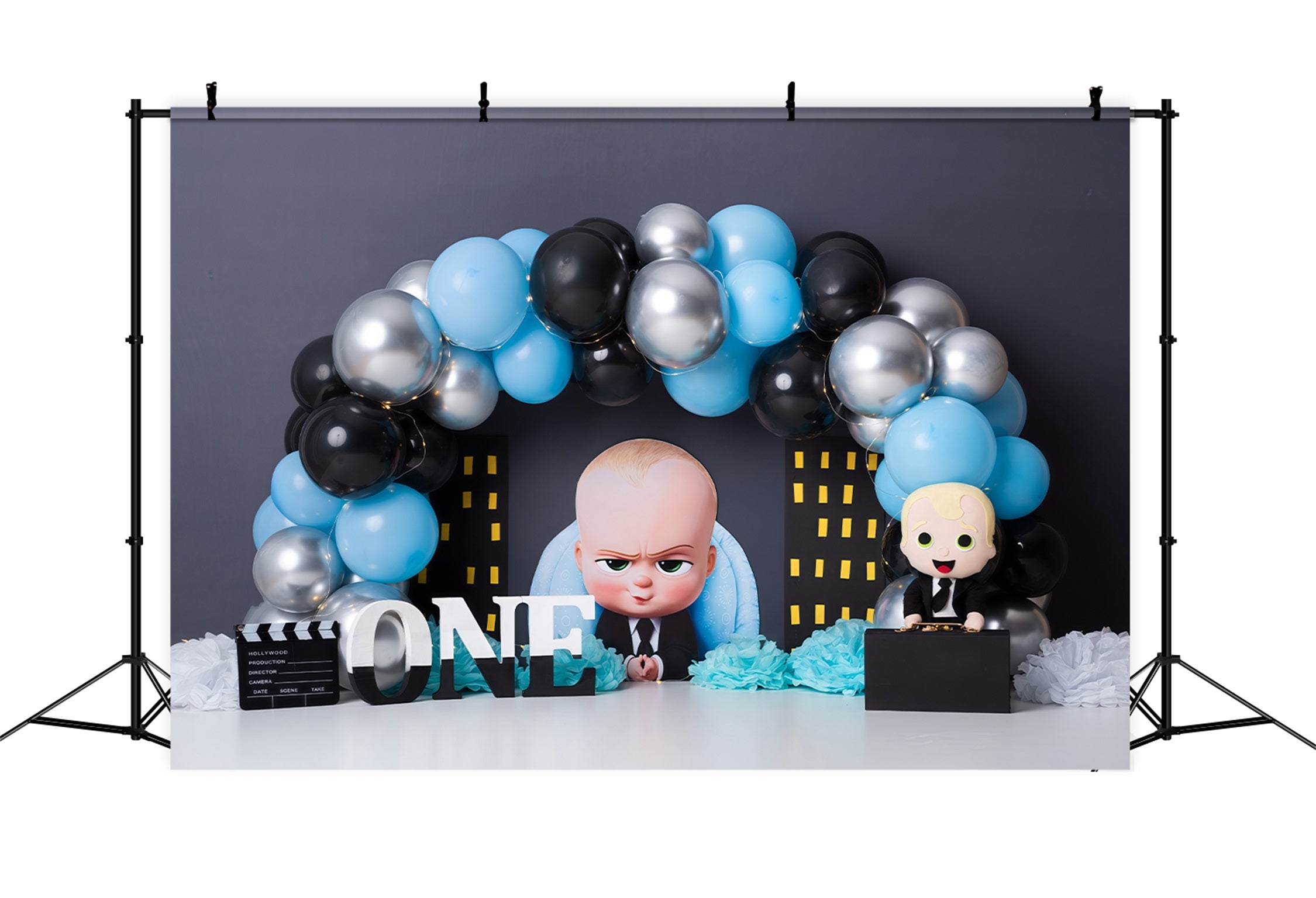 Children Backdrop Blue Black Balloon City Boss Kids Birthday Backdrop UK By Magali
