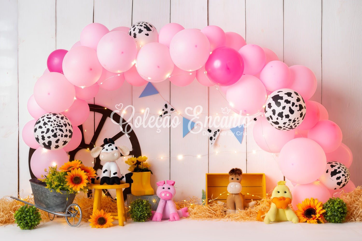 Newborn Photo Backdrop Pink Farm Balloon Sunflower Hay Cowgirl Backdrop Ideas UK By Magali