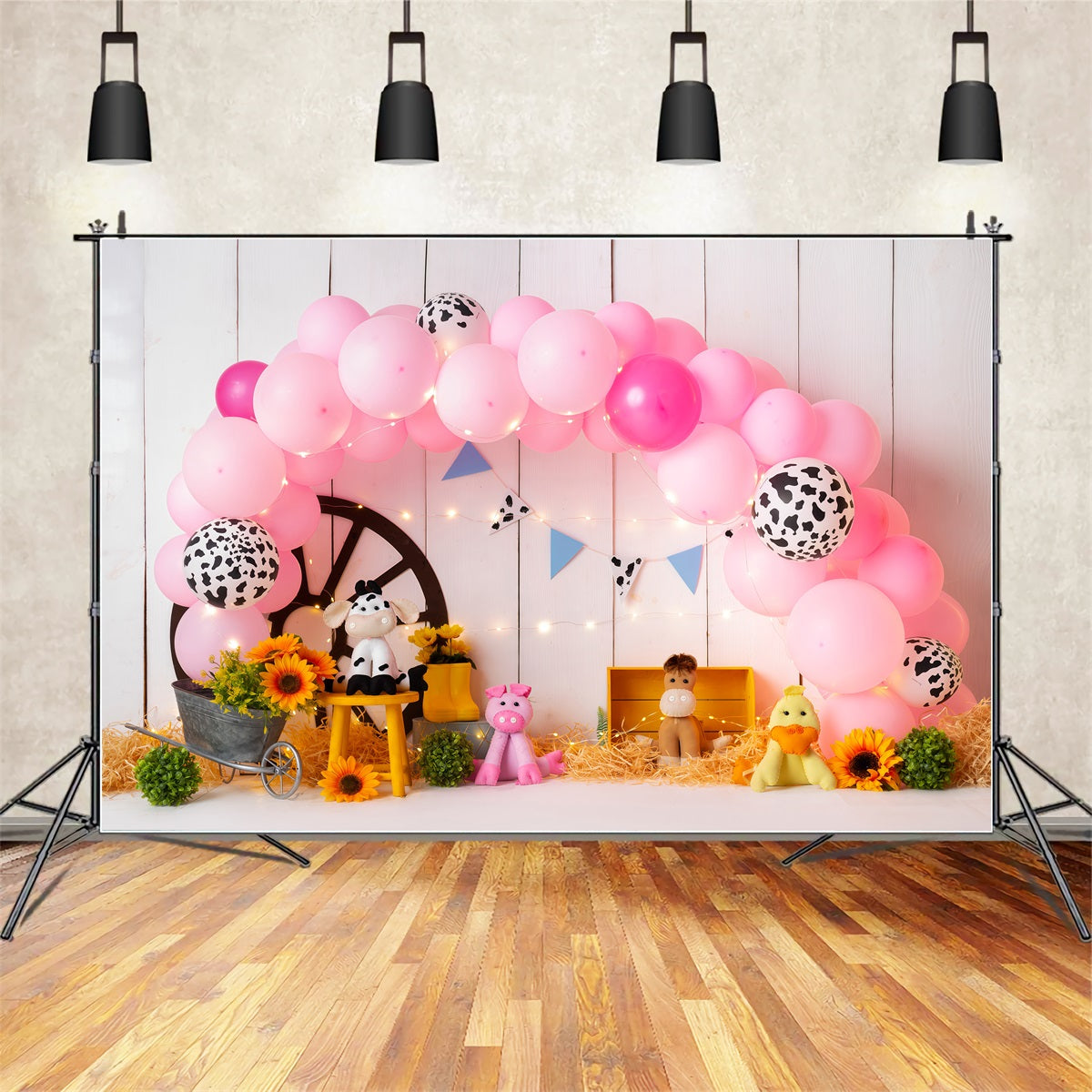 Newborn Photo Backdrop Pink Farm Balloon Sunflower Hay Cowgirl Backdrop Ideas UK By Magali